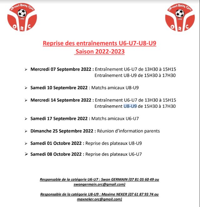 Programme de Reprise d’entraînements – Ecole de Foot