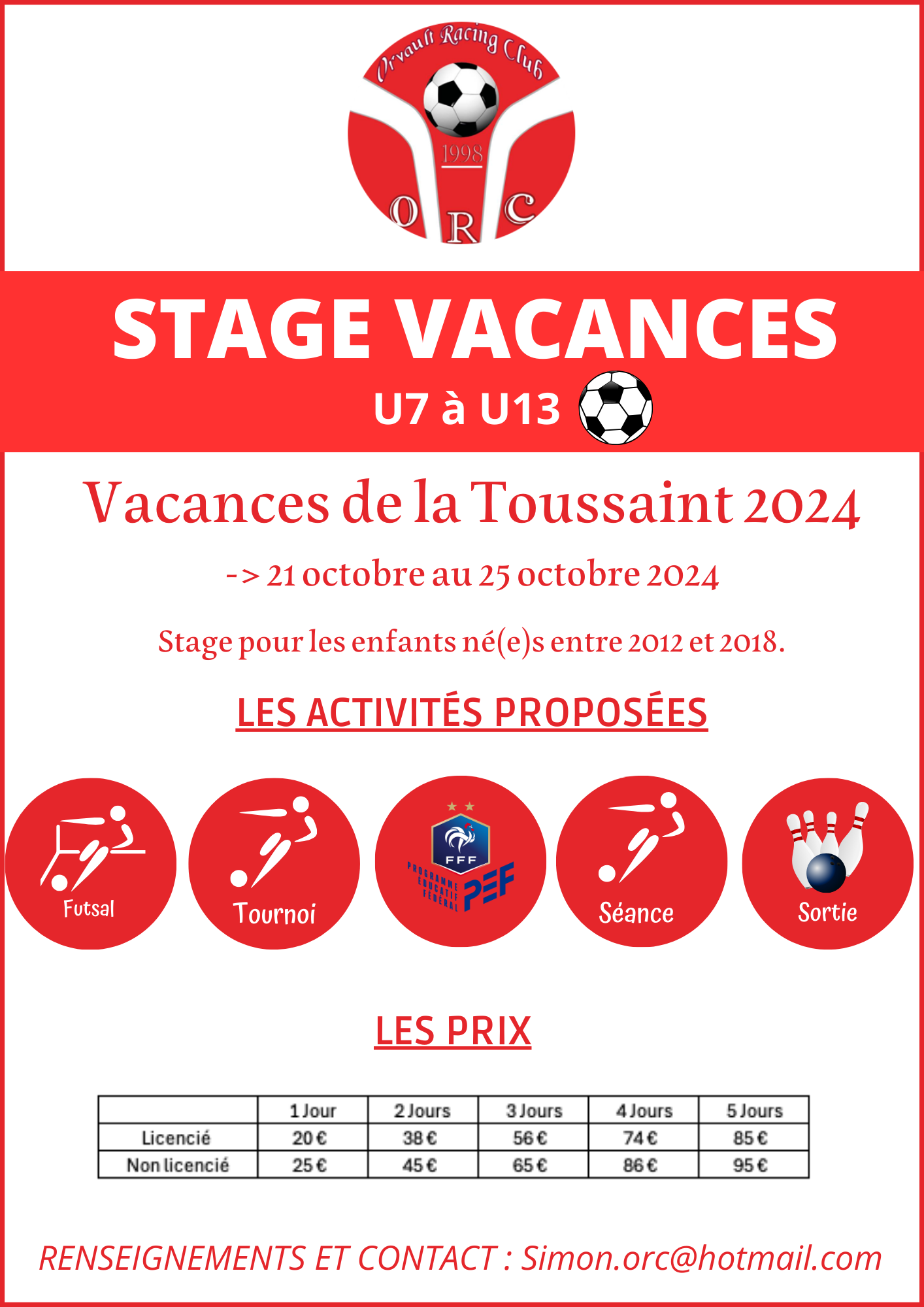 Stage Vacances de la Toussaint 2024